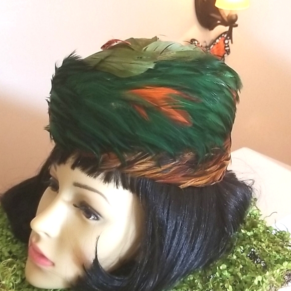 Vtg 60s VALERIE MODES Gorg Green FEATHERS Hat EUVC - Picture 5 of 11